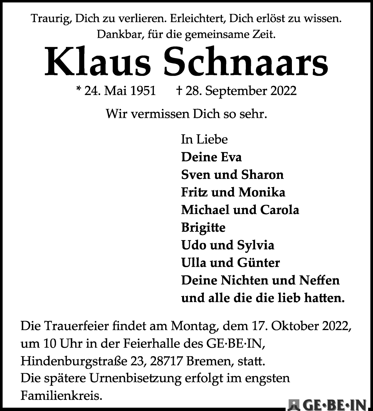 Traueranzeige von Klaus Schnaars von Die Norddeutsche