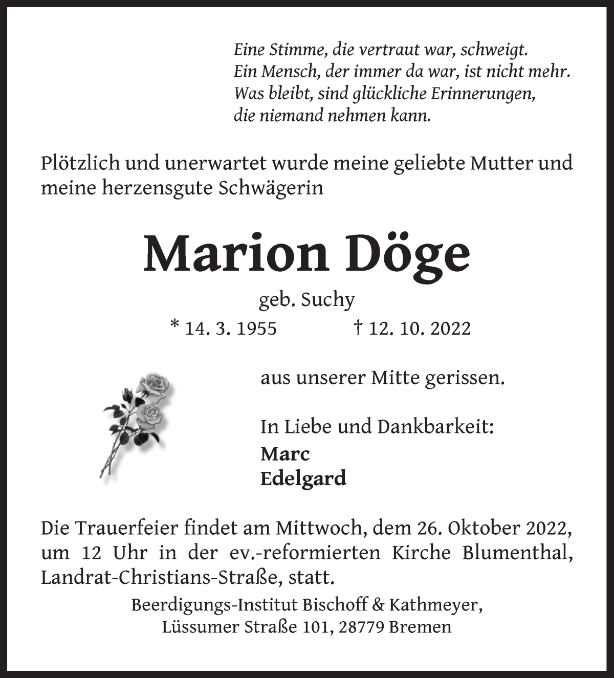 Traueranzeige von Marion Döge von Die Norddeutsche
