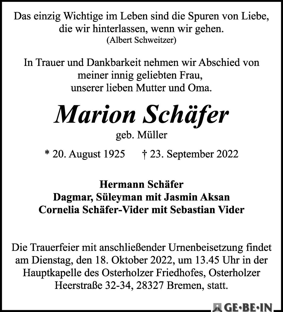 Traueranzeige von Marion Schäfer von WESER-KURIER