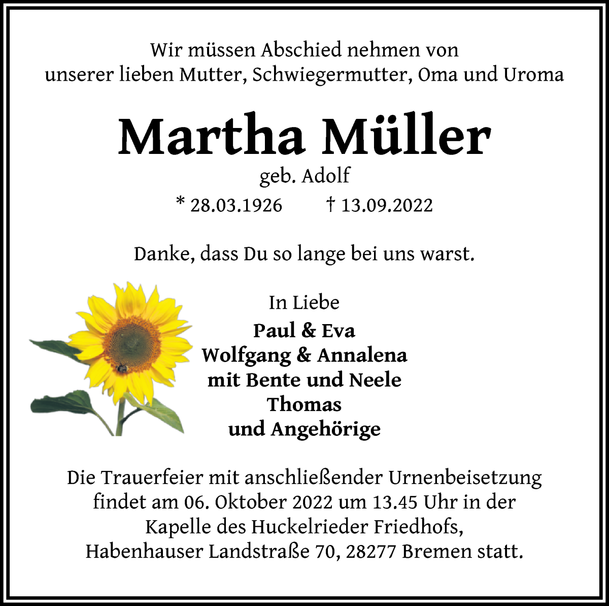 Traueranzeige von Martha Müller von WESER-KURIER