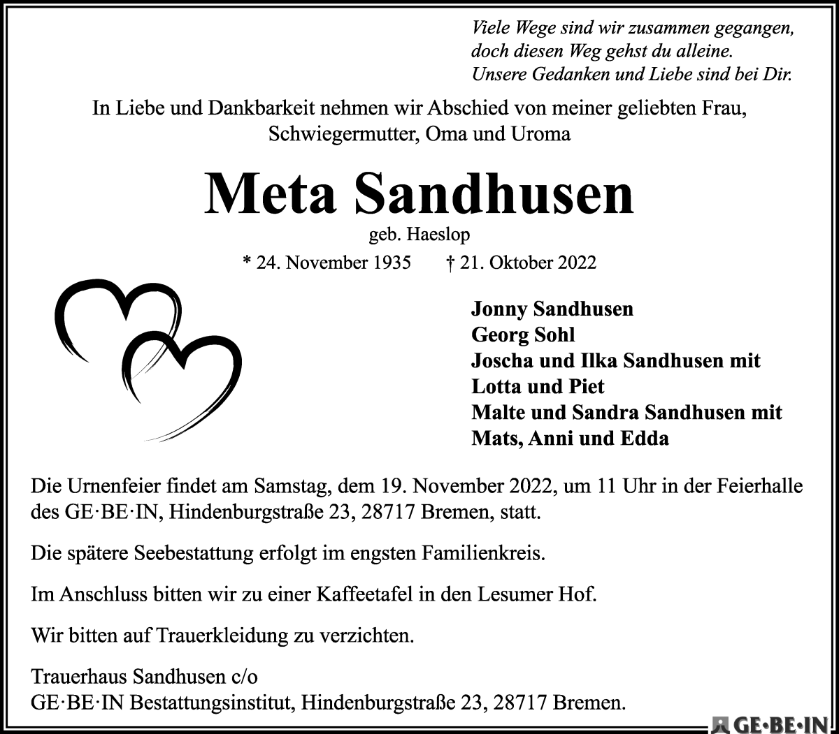 Traueranzeige von Meta Sandhusen von Die Norddeutsche