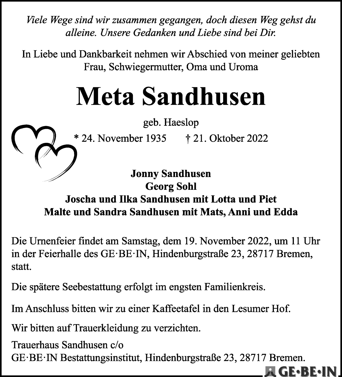 Traueranzeige von Meta Sandhusen von WESER-KURIER