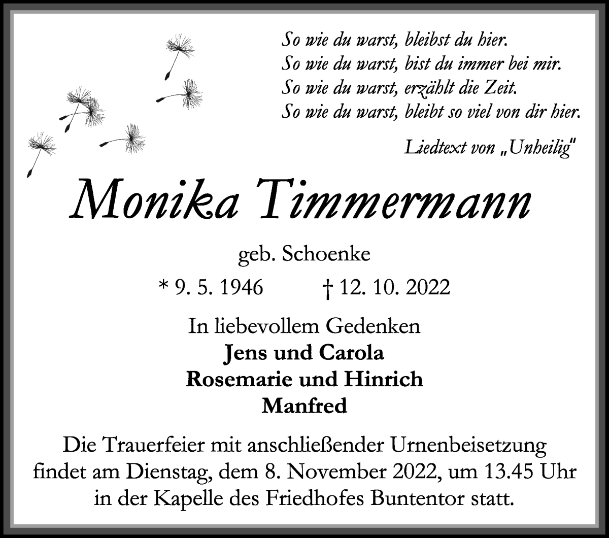 Traueranzeige von Monika Timmermann von WESER-KURIER