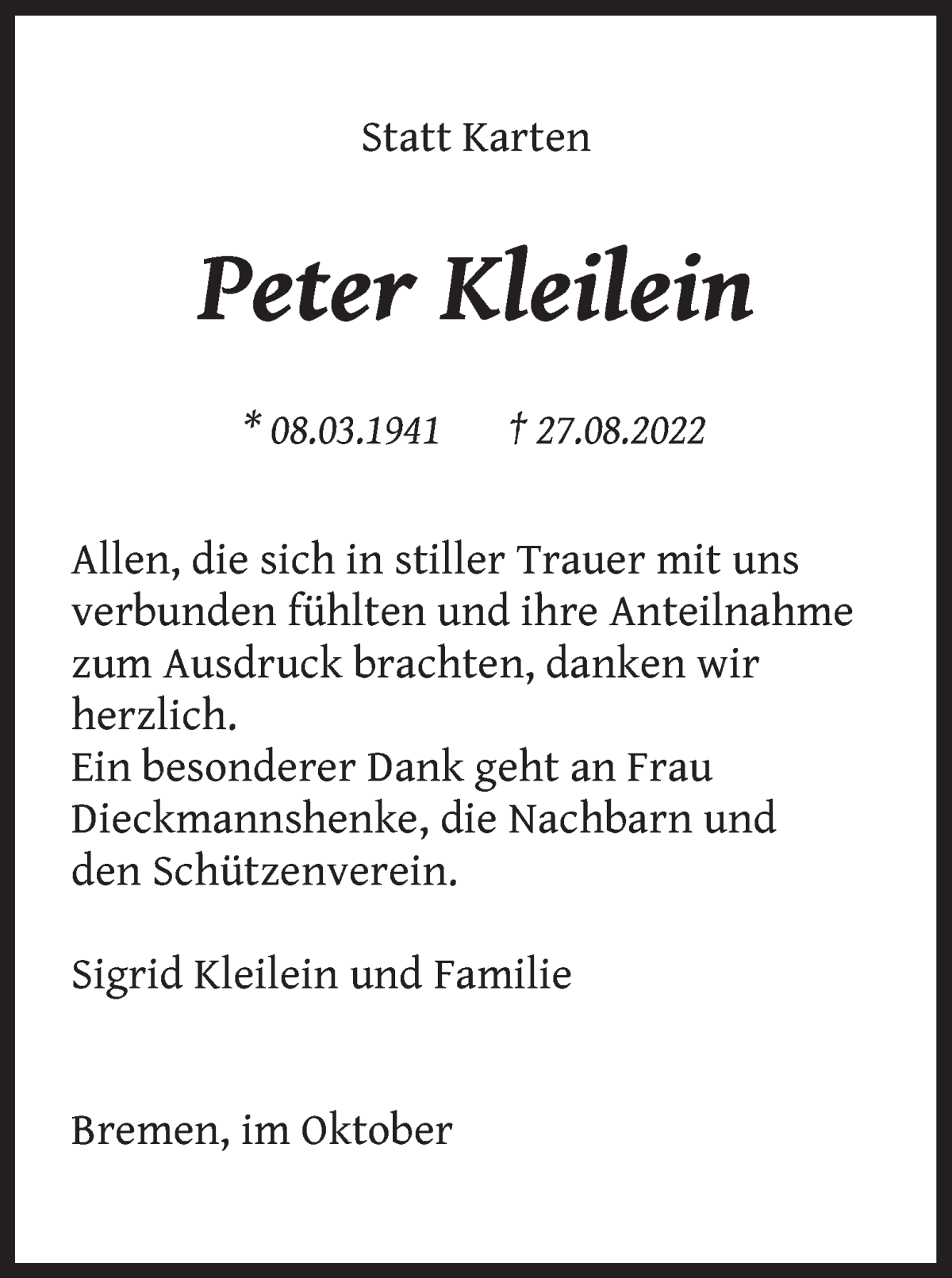 Traueranzeige von Peter Kleilein von WESER-KURIER