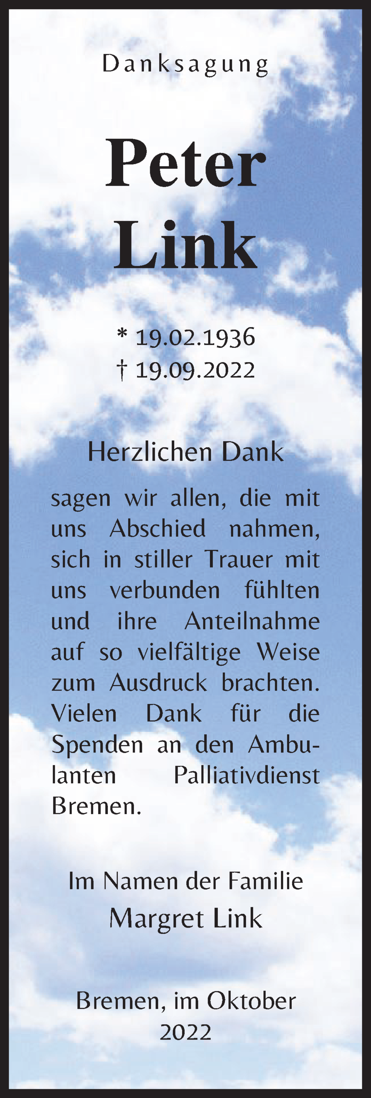 Traueranzeige von Peter Link von WESER-KURIER