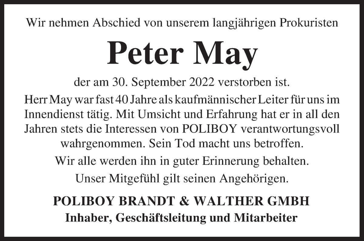Traueranzeige von Peter May von WESER-KURIER