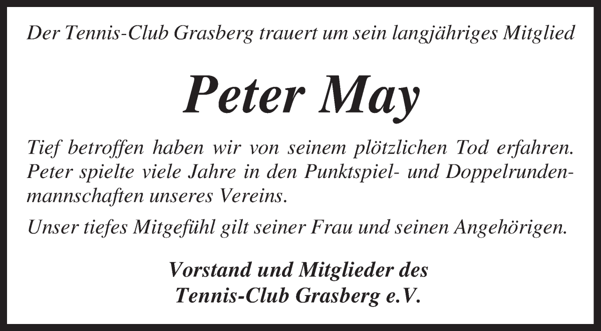 Traueranzeige von Peter May von Wuemme Zeitung