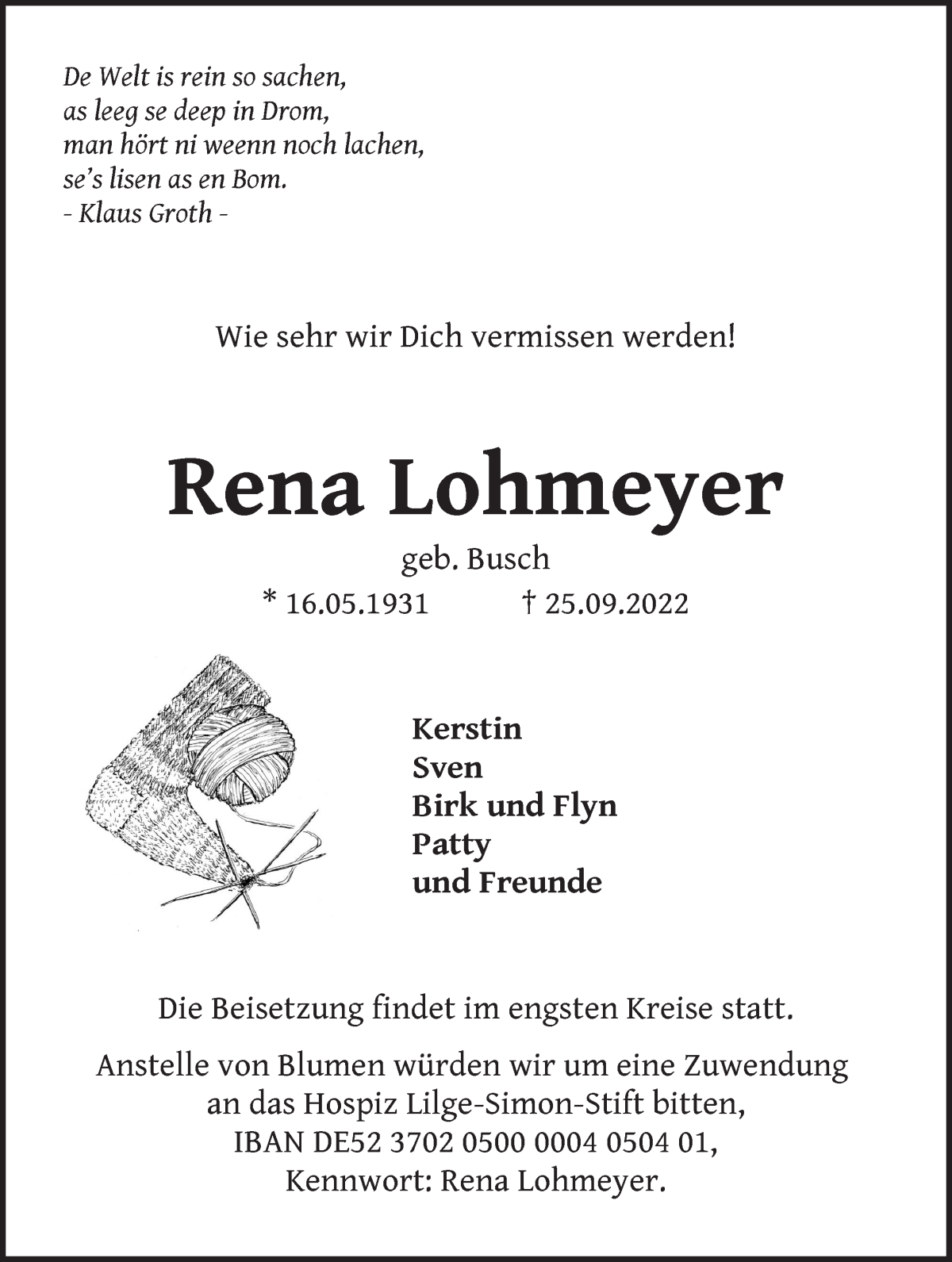 Traueranzeige von Rena Lohmeyer von Die Norddeutsche
