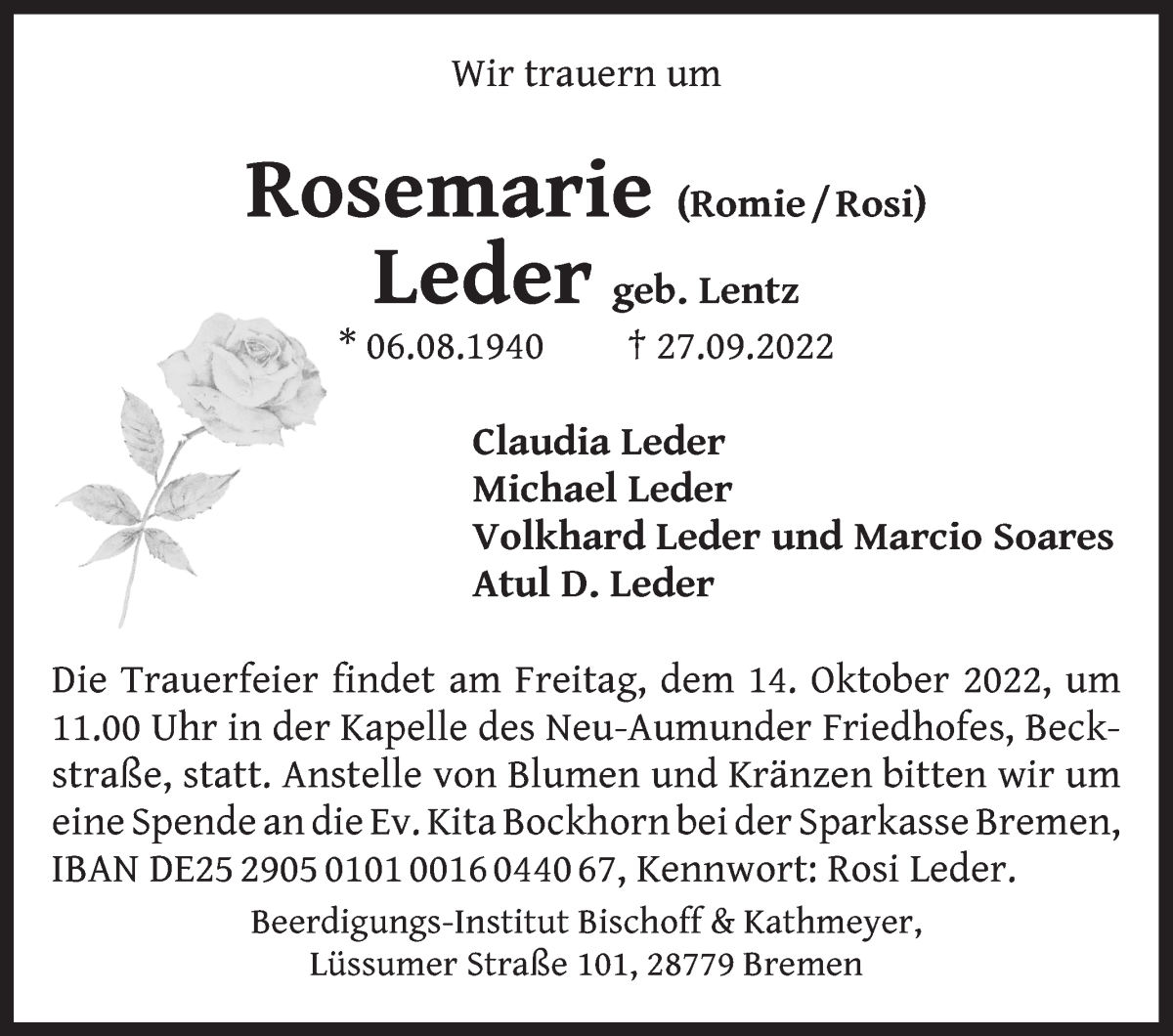 Traueranzeige von Rosemarie Leder von Die Norddeutsche