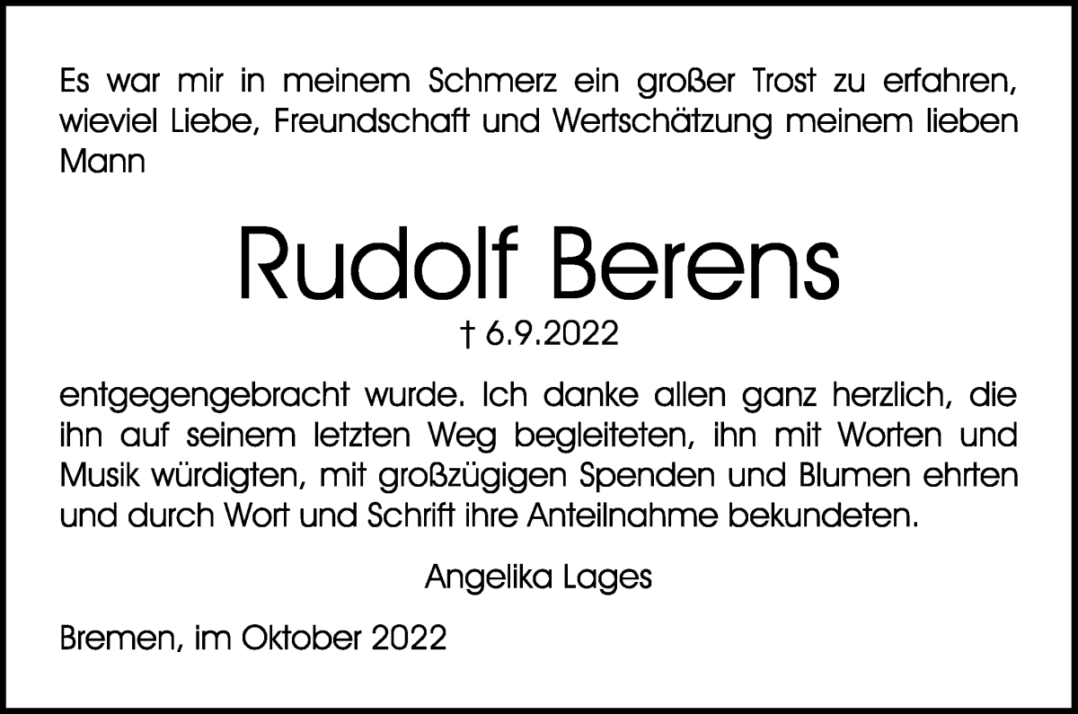 Traueranzeige von Rudolf Berens von WESER-KURIER
