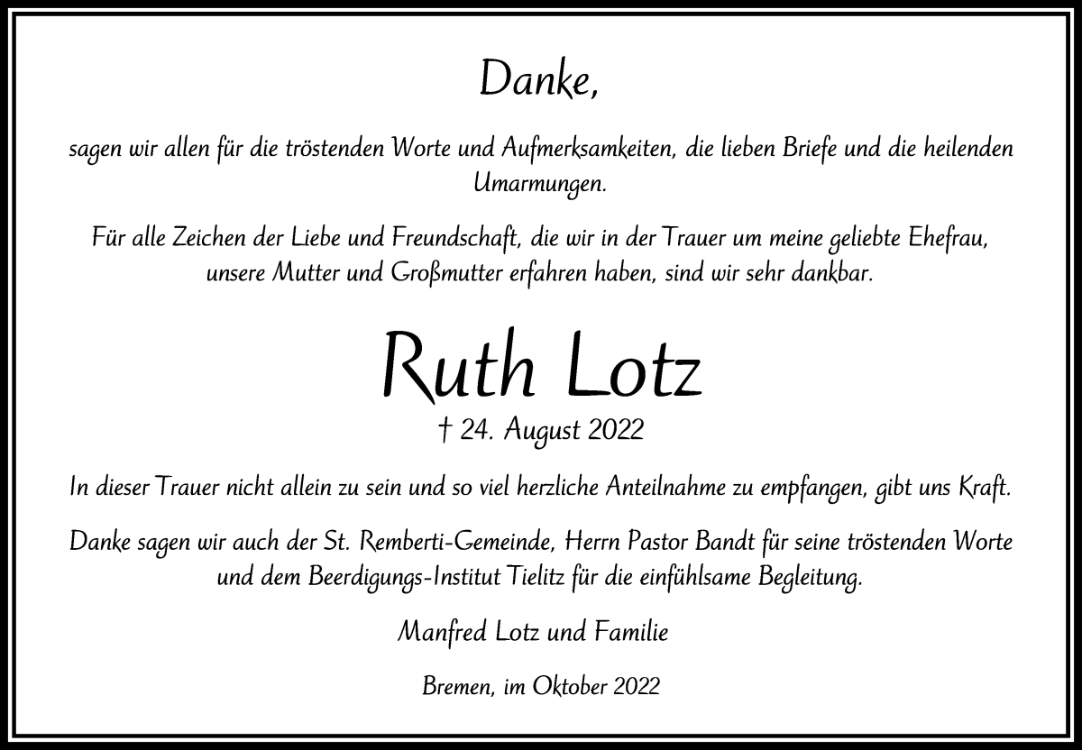Traueranzeige von Ruth Lotz von WESER-KURIER