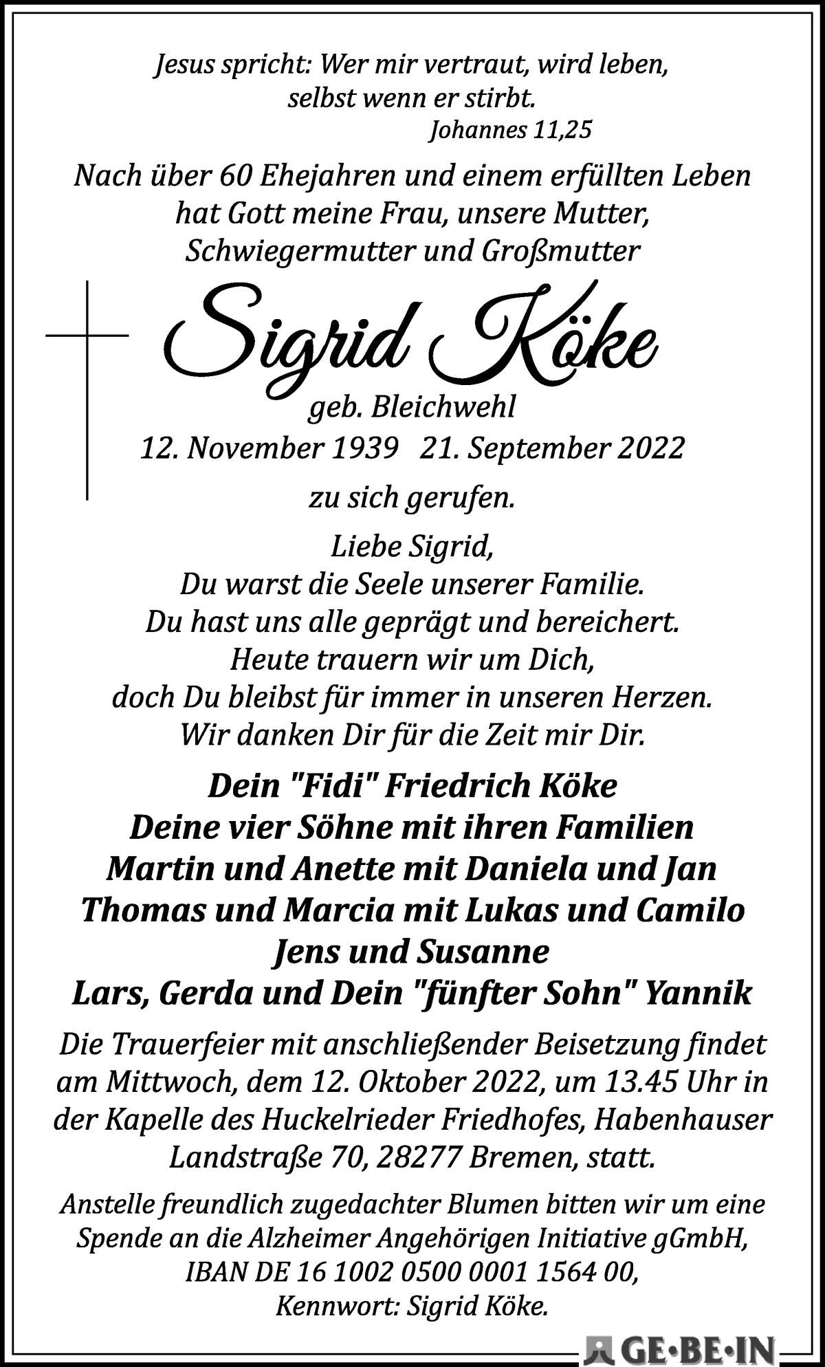 Traueranzeige von Sigrid Köke von WESER-KURIER