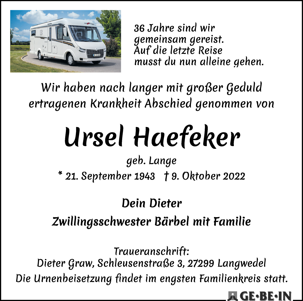 Traueranzeige von Ursel Haefeker von WESER-KURIER