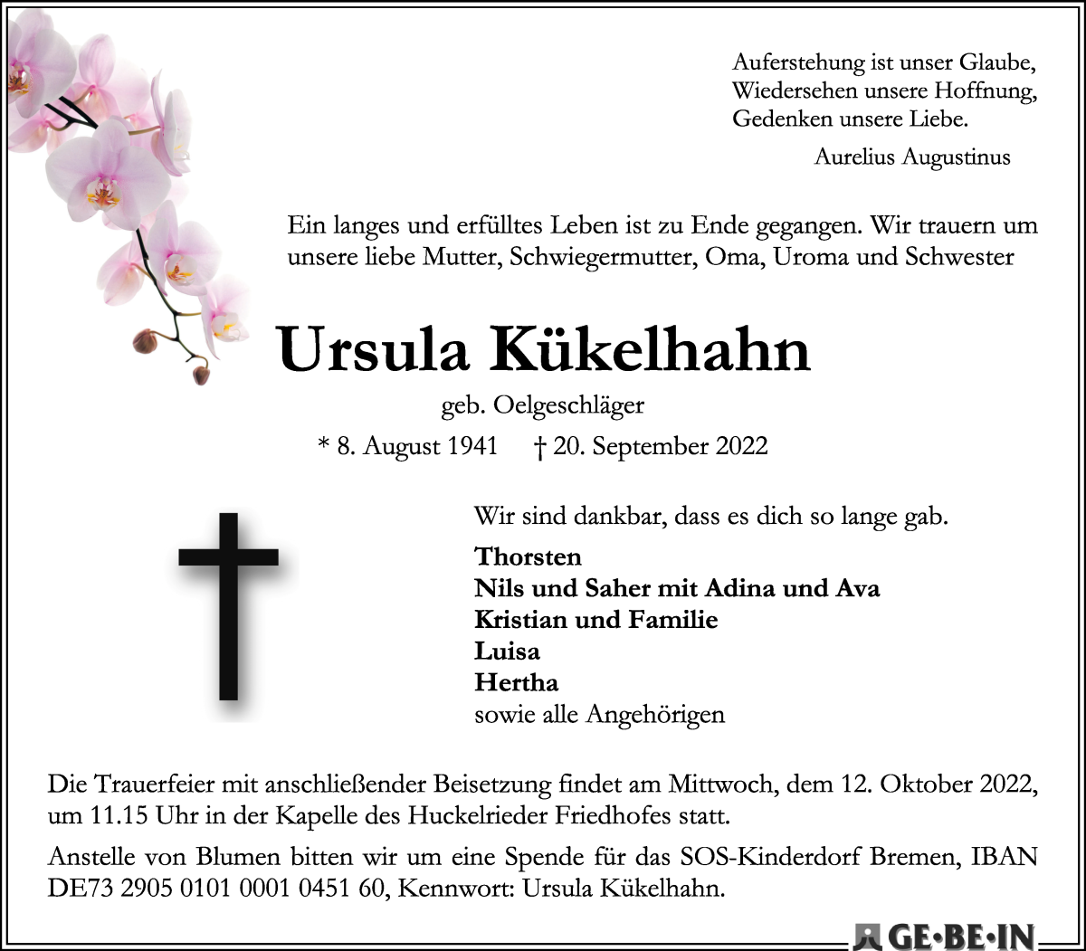 Traueranzeige von Ursula Kükelhahn von WESER-KURIER