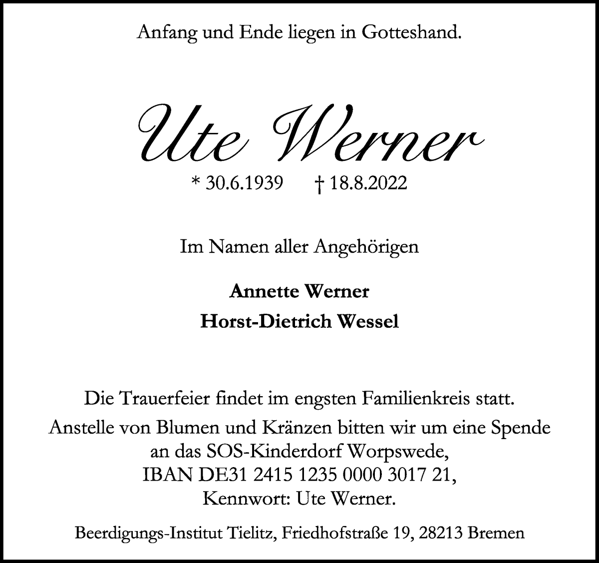Traueranzeige von Ute Werner von WESER-KURIER