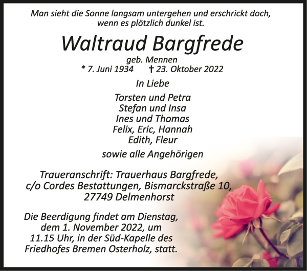 Traueranzeige von Waltraud Bargfrede von WESER-KURIER