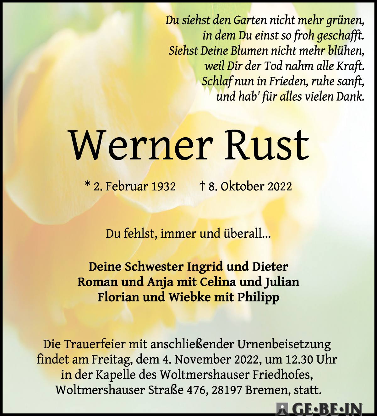 Traueranzeige von Werner Rust von WESER-KURIER