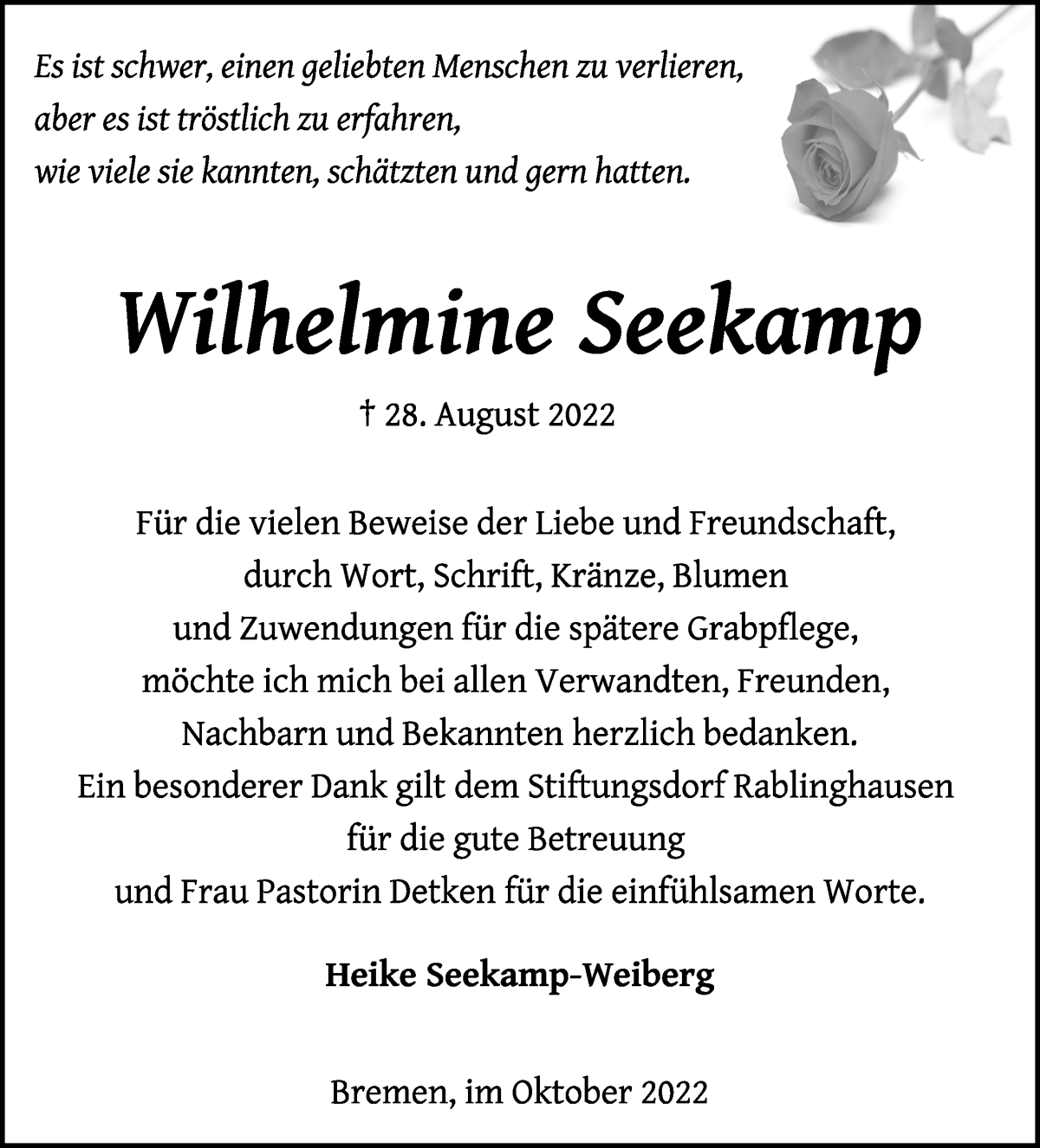 Traueranzeige von Wilhelmine Seekamp von WESER-KURIER