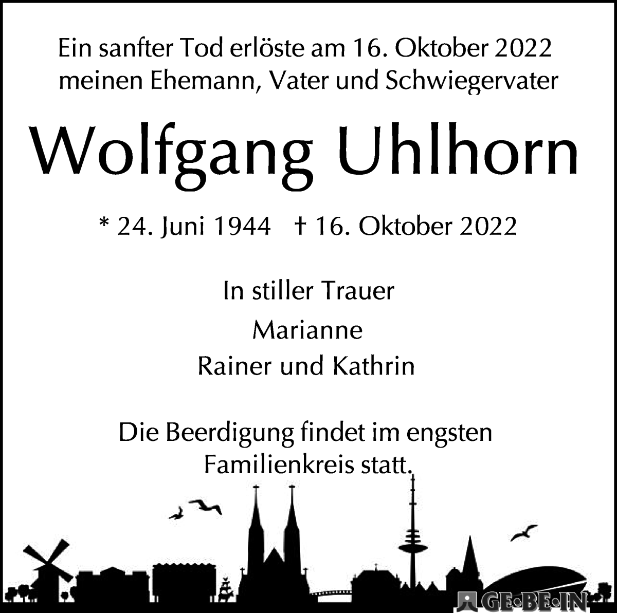 Traueranzeige von Wolfgang Uhlhorn von WESER-KURIER