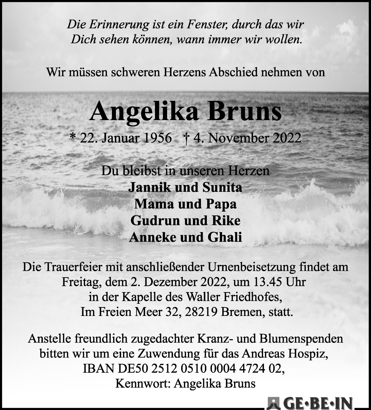 Traueranzeige von Angelika Bruns von WESER-KURIER