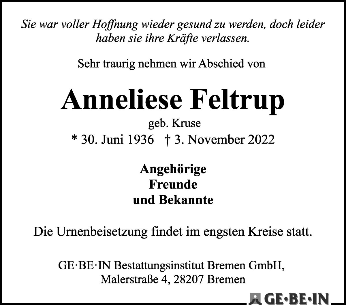 Traueranzeige von Anneliese Feltrup von WESER-KURIER