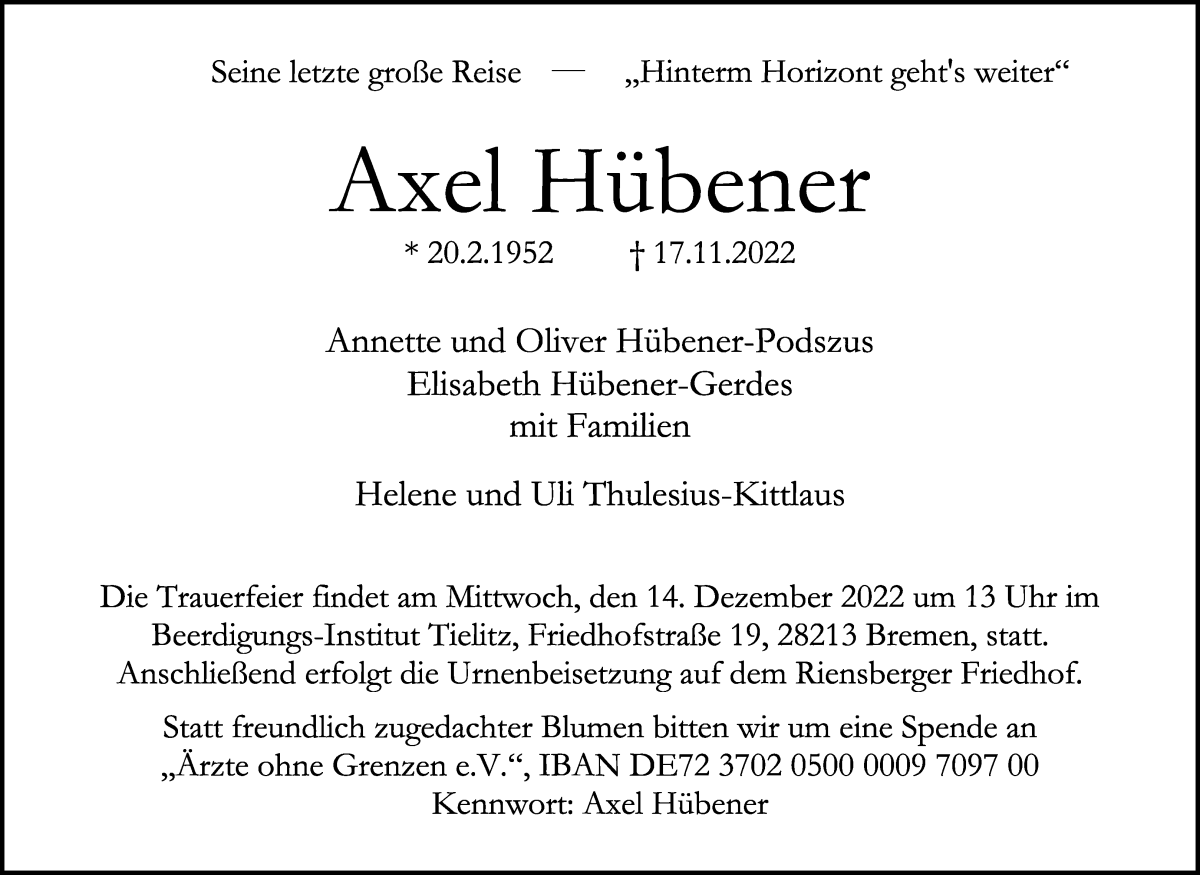 Traueranzeige von Axel Hübener von WESER-KURIER