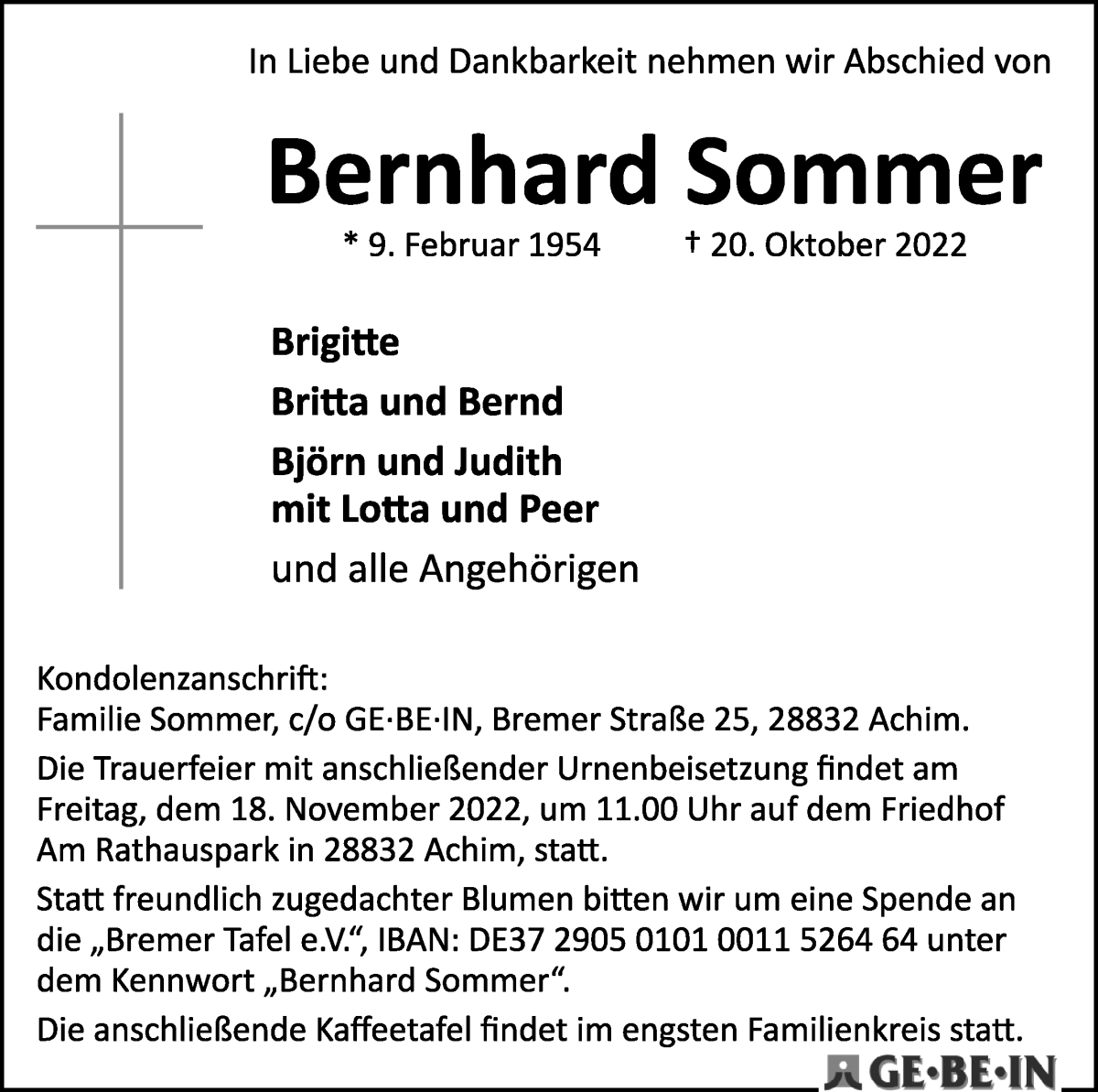 Traueranzeige von Bernhard Sommer von WESER-KURIER