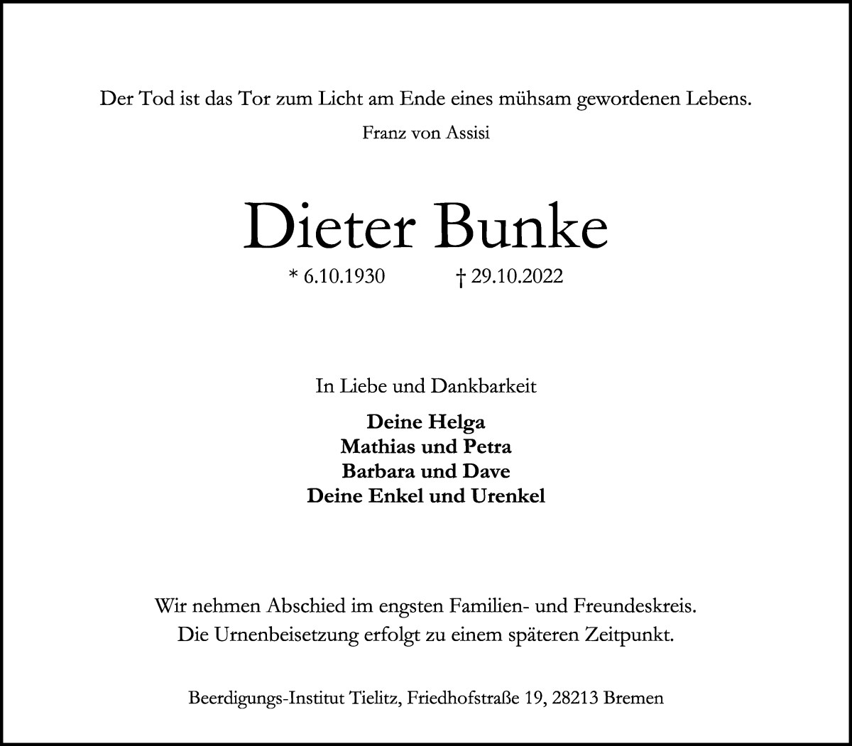 Traueranzeige von Dieter Bunke von WESER-KURIER