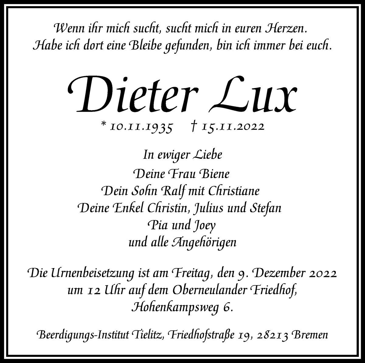 Traueranzeige von Dieter Lux von WESER-KURIER