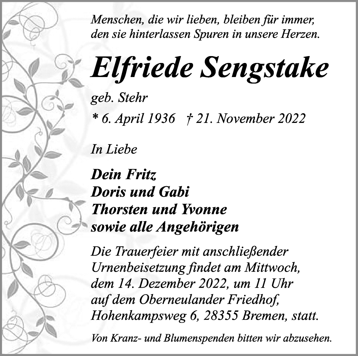 Traueranzeige von Elfriede Sengstake von WESER-KURIER