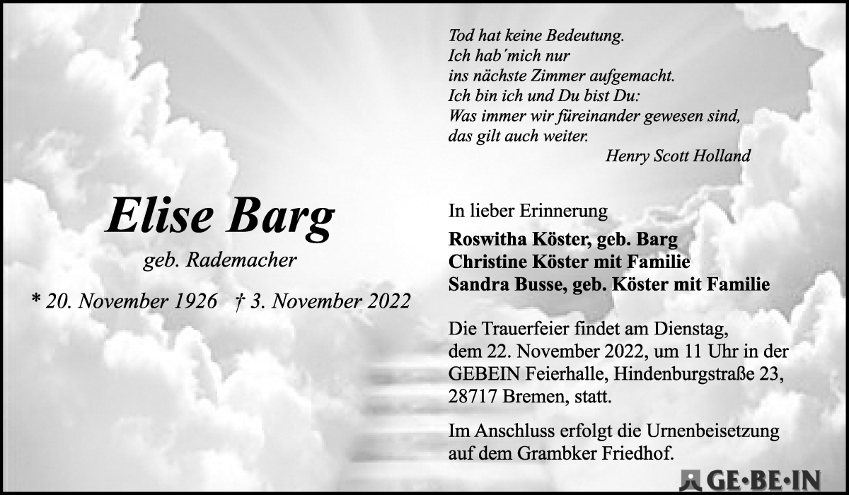 Traueranzeige von Elise Barg von WESER-KURIER