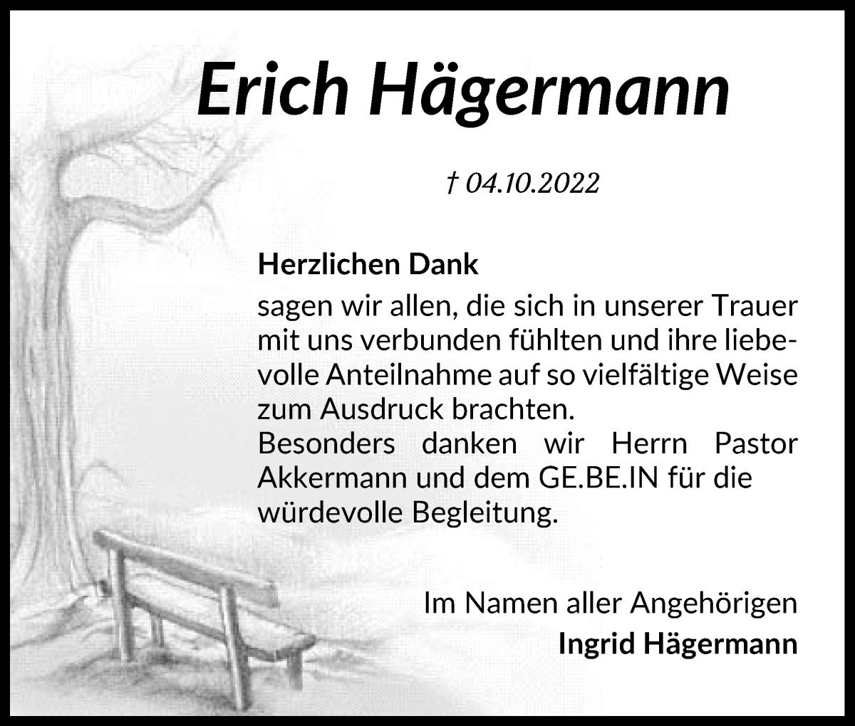 Traueranzeige von Erich Hägermann von WESER-KURIER
