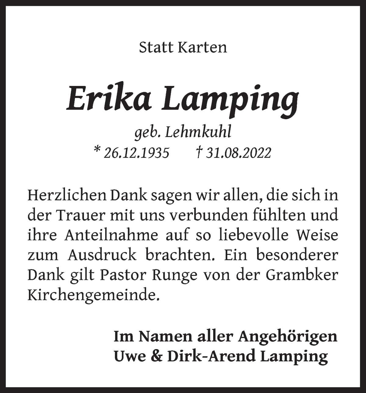 Traueranzeige von Erika Lamping von WESER-KURIER