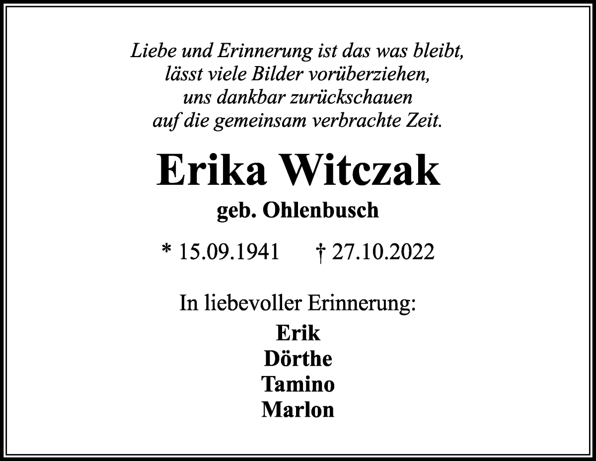 Traueranzeige von Erika Witczak von Die Norddeutsche