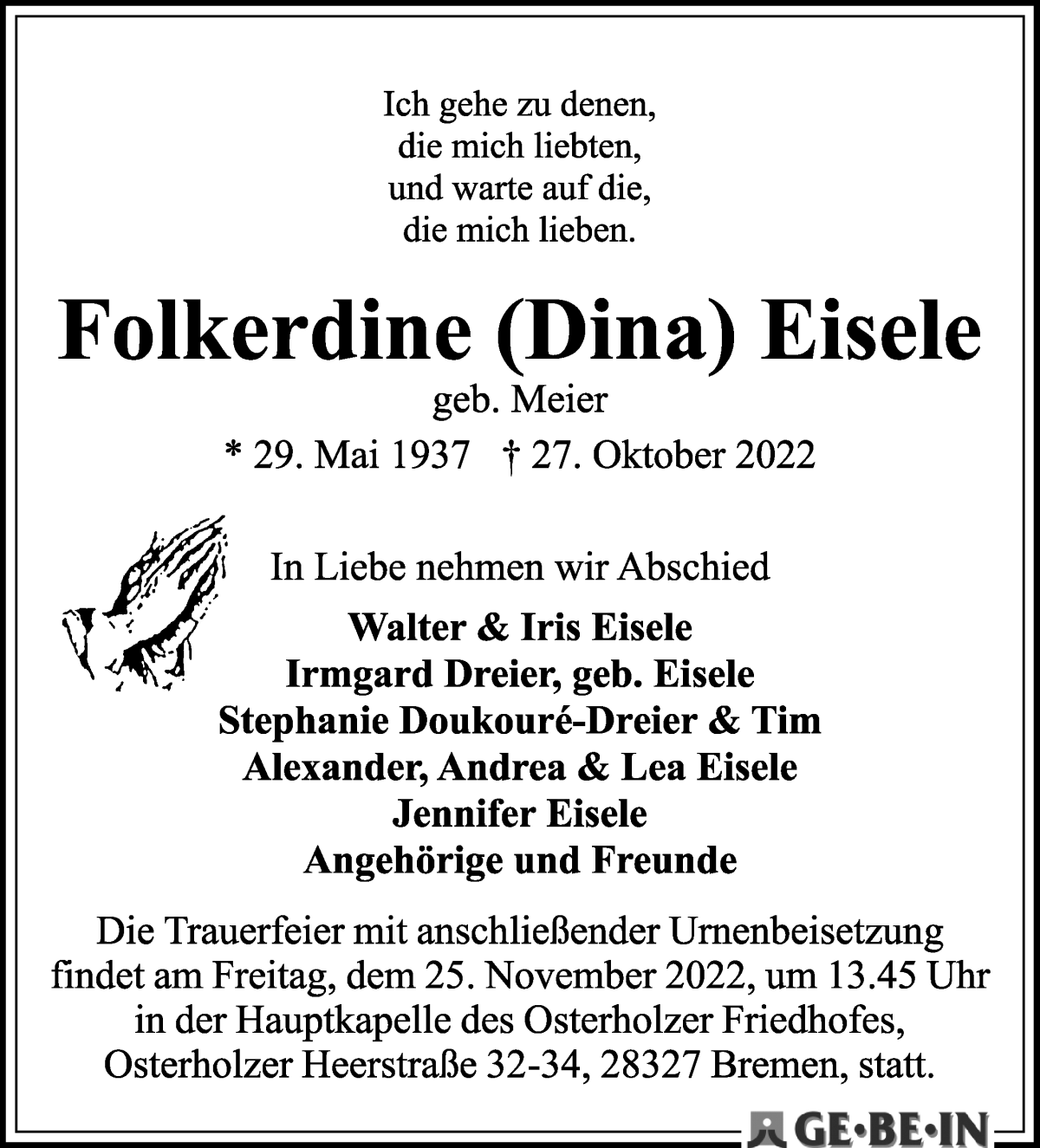 Traueranzeige von Folkerdine Eisele von WESER-KURIER