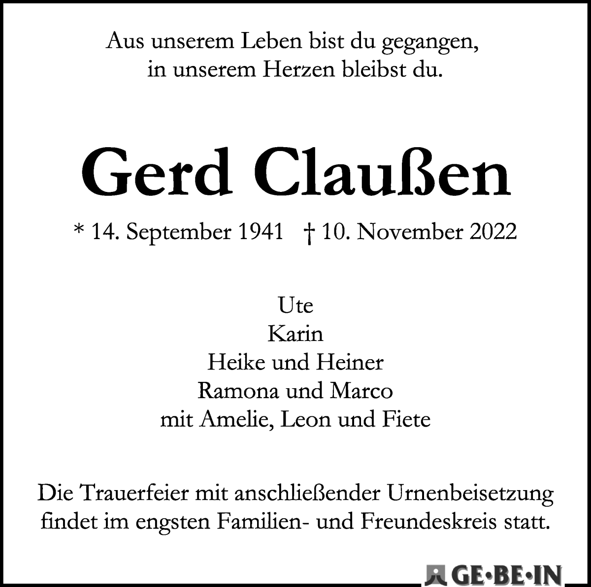 Traueranzeige von Gerd Claußen von Die Norddeutsche