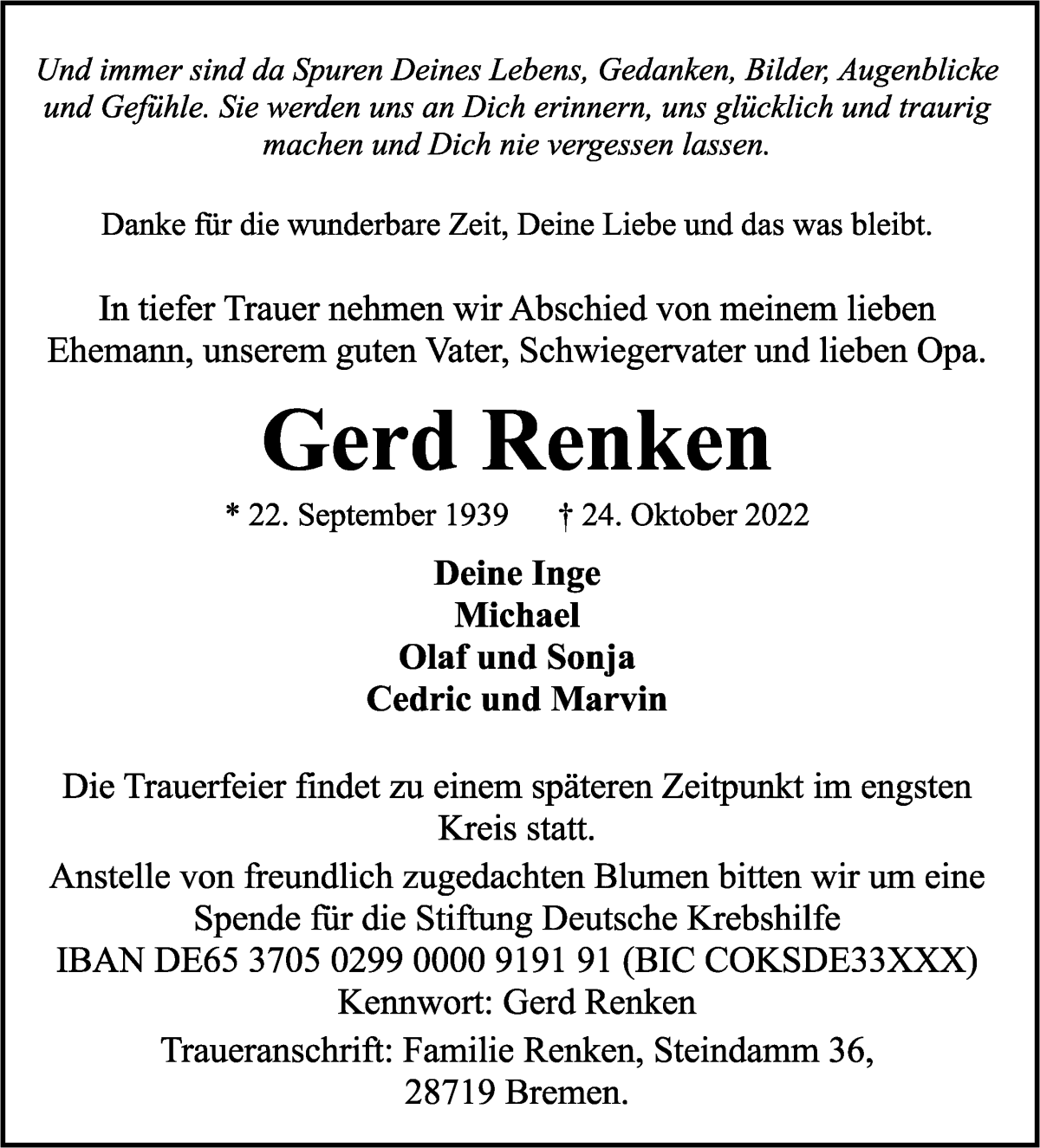 Traueranzeige von Gerd Renken von Die Norddeutsche