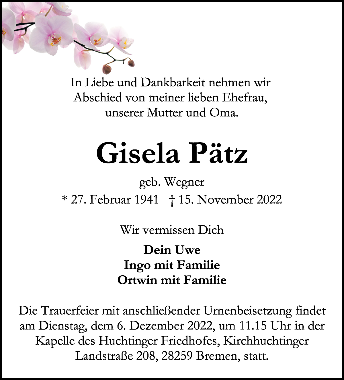 Traueranzeige von Gisela Pätz von WESER-KURIER