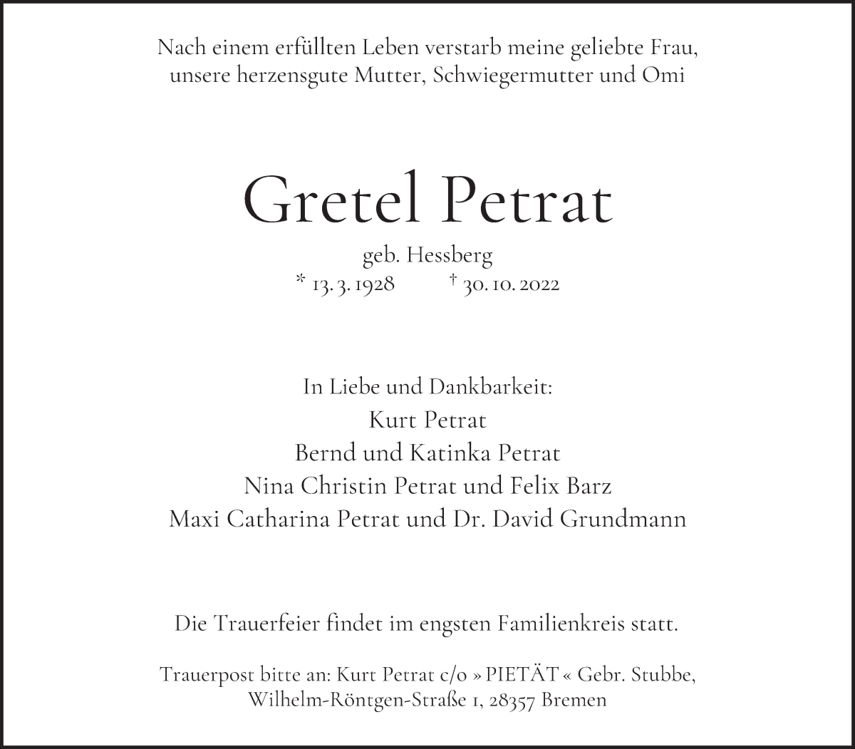 Traueranzeige von Gretel Petrat von WESER-KURIER