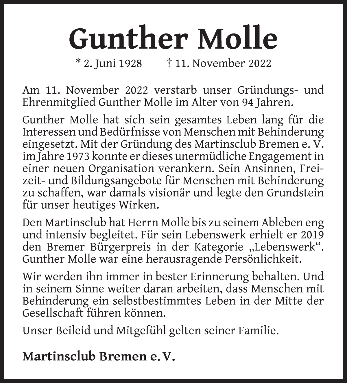 Traueranzeige von Gunther Molle von WESER-KURIER