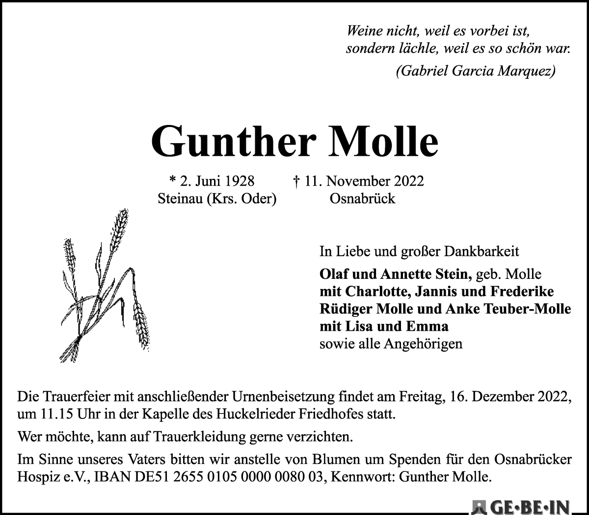 Traueranzeige von Gunther Molle von WESER-KURIER