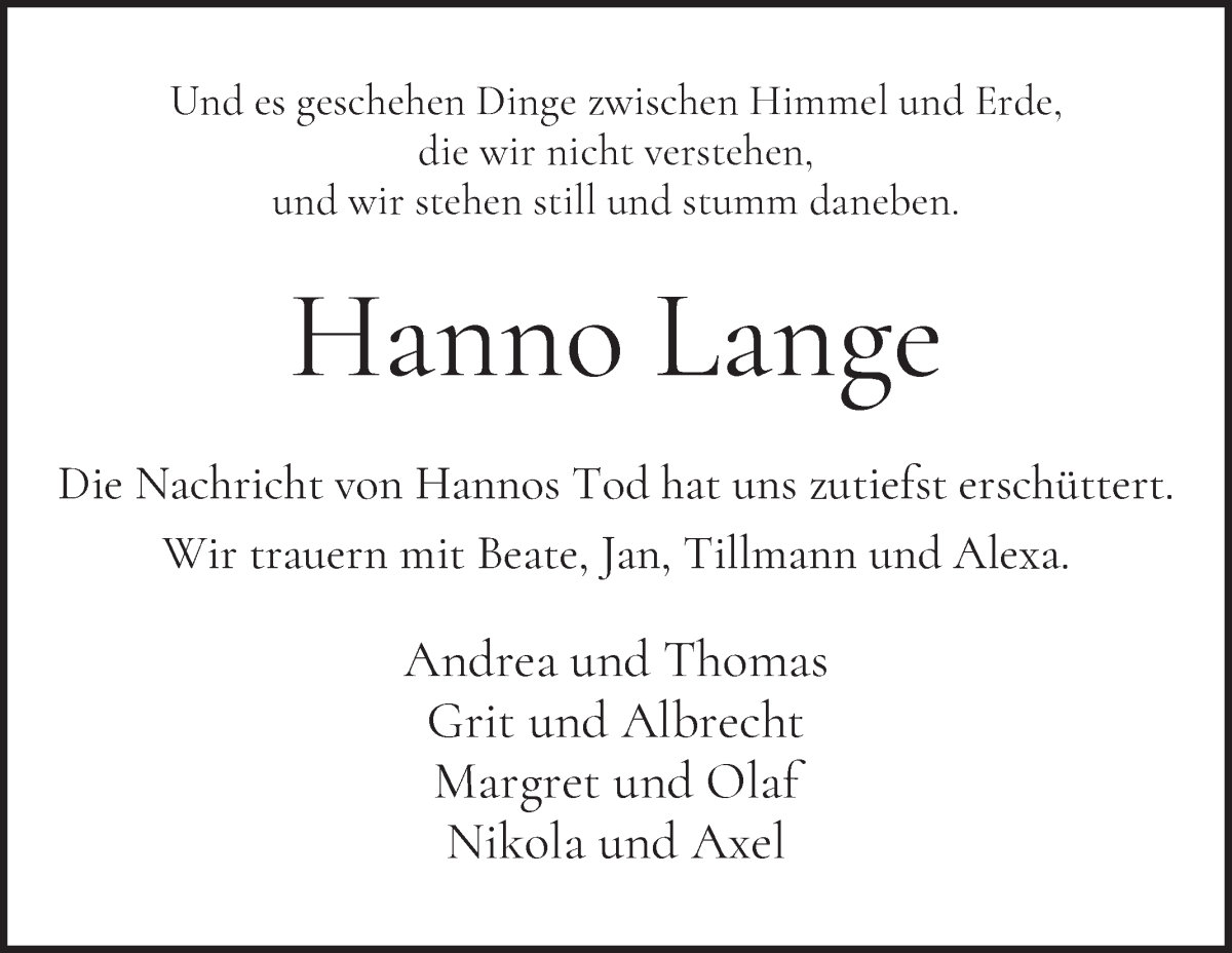 Traueranzeige von Hanno Lange von WESER-KURIER
