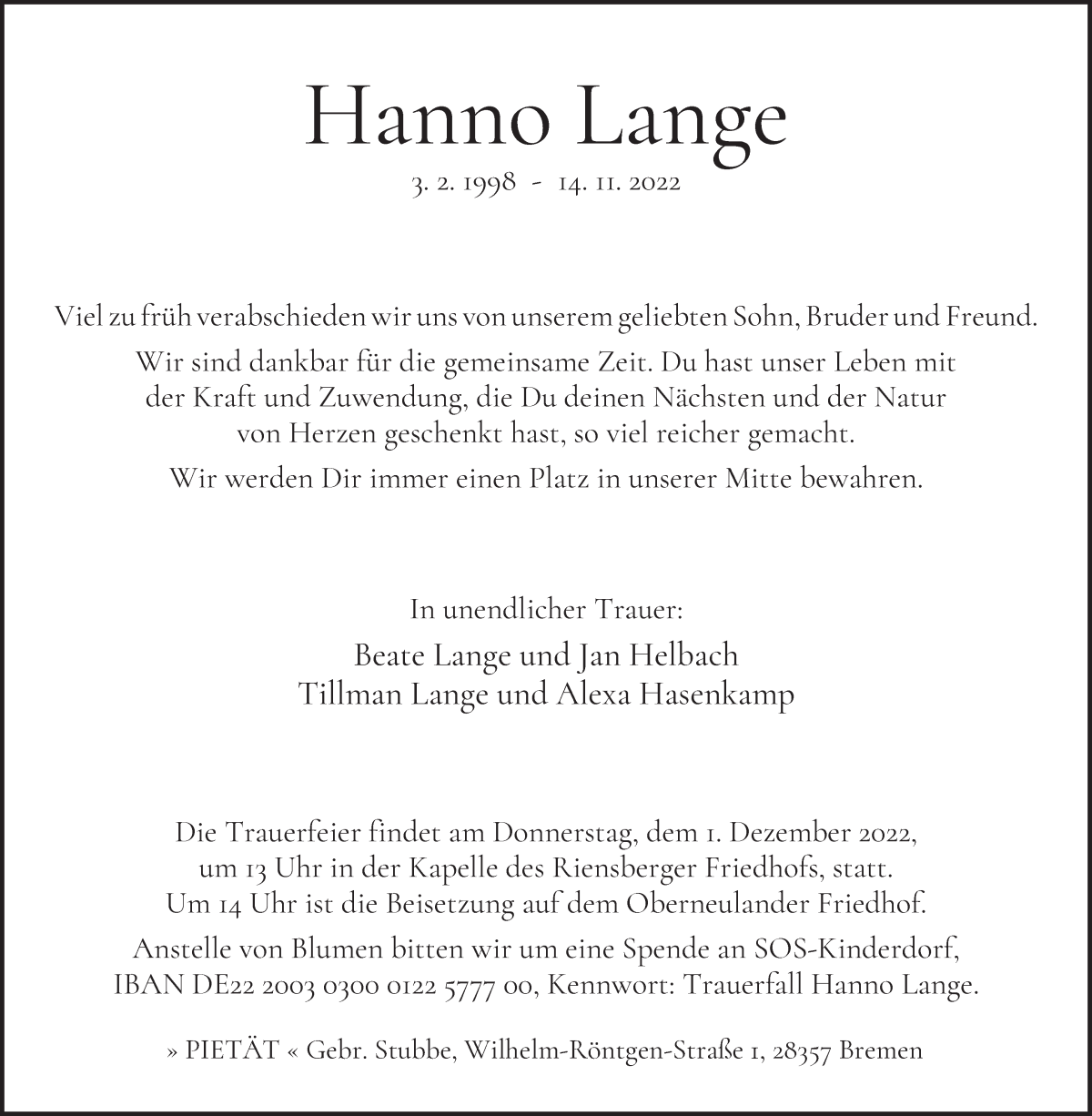 Traueranzeige von Hanno Lange von WESER-KURIER