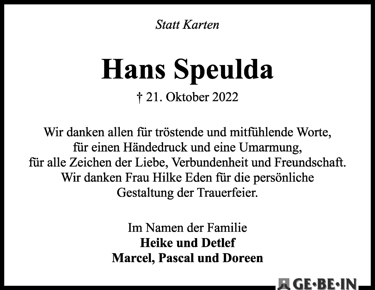 Traueranzeige von Hans Speulda von WESER-KURIER