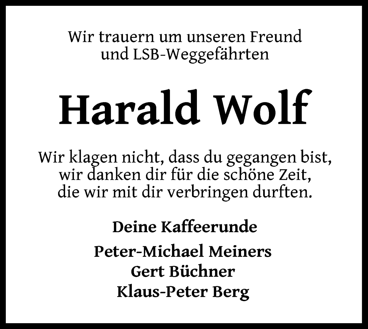 Traueranzeige von Harald Wolf von WESER-KURIER