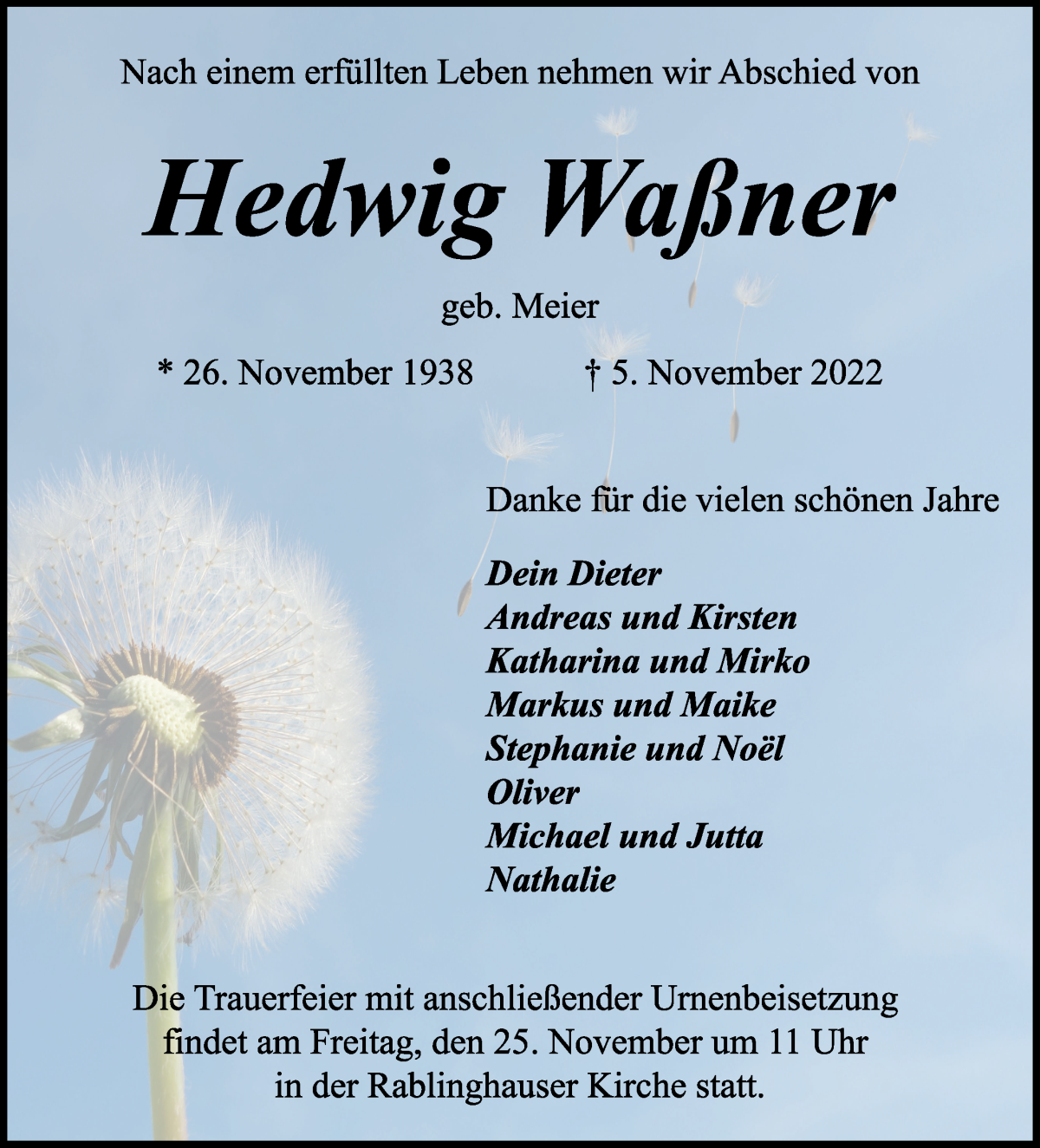 Traueranzeige von Hedwig Waßner von WESER-KURIER