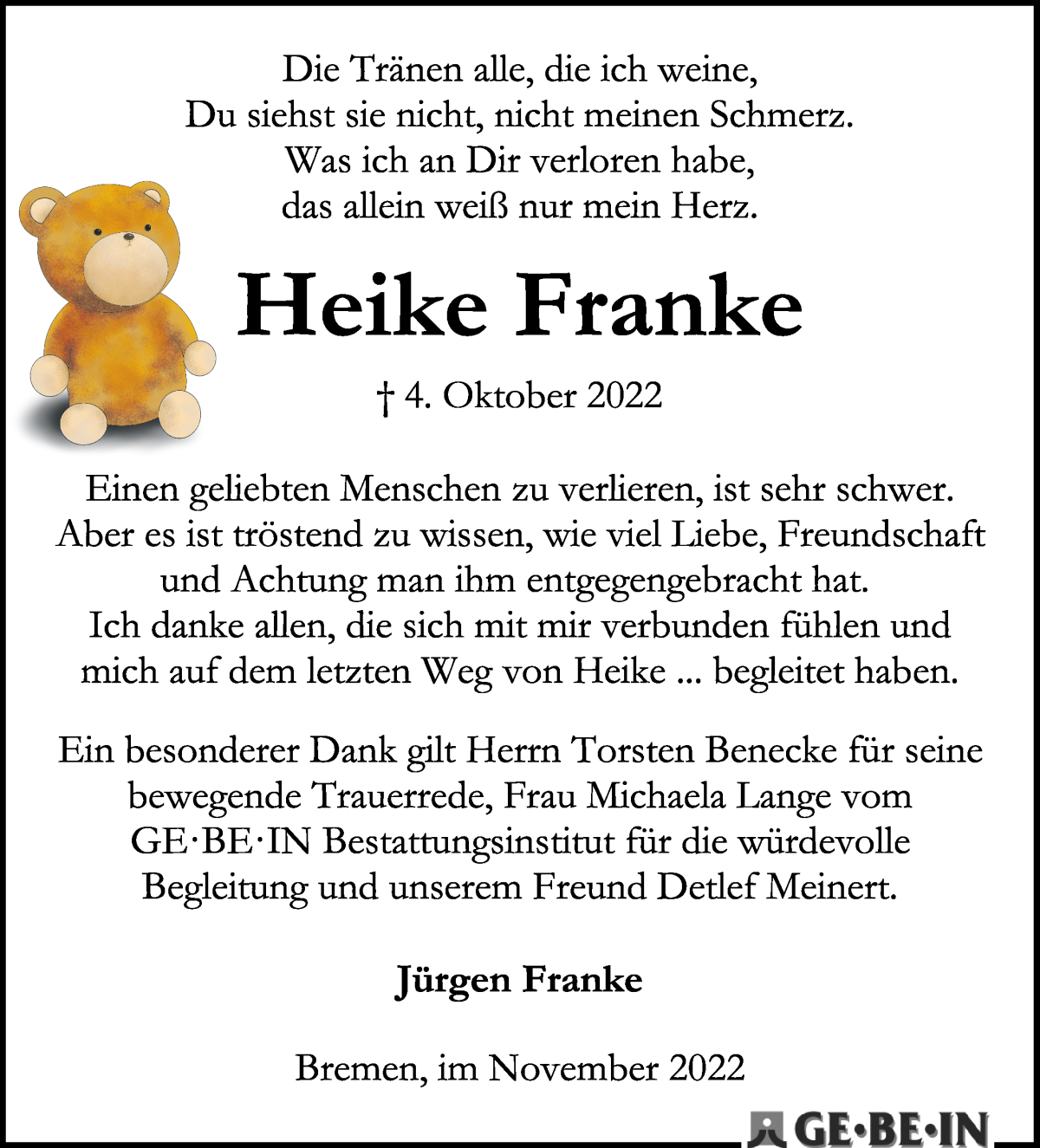 Traueranzeige von Heike Franke von Die Norddeutsche