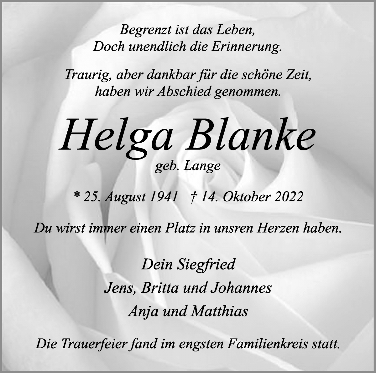 Traueranzeige von Helga Blanke von WESER-KURIER