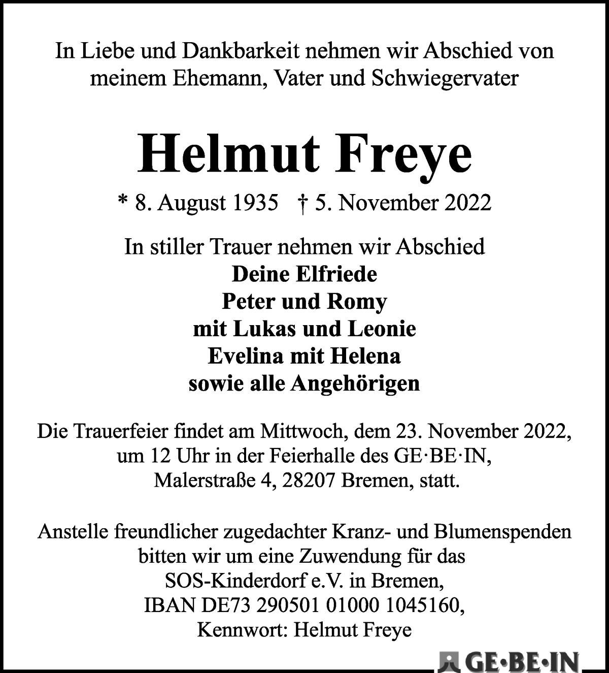 Traueranzeige von Helmut Freye von WESER-KURIER