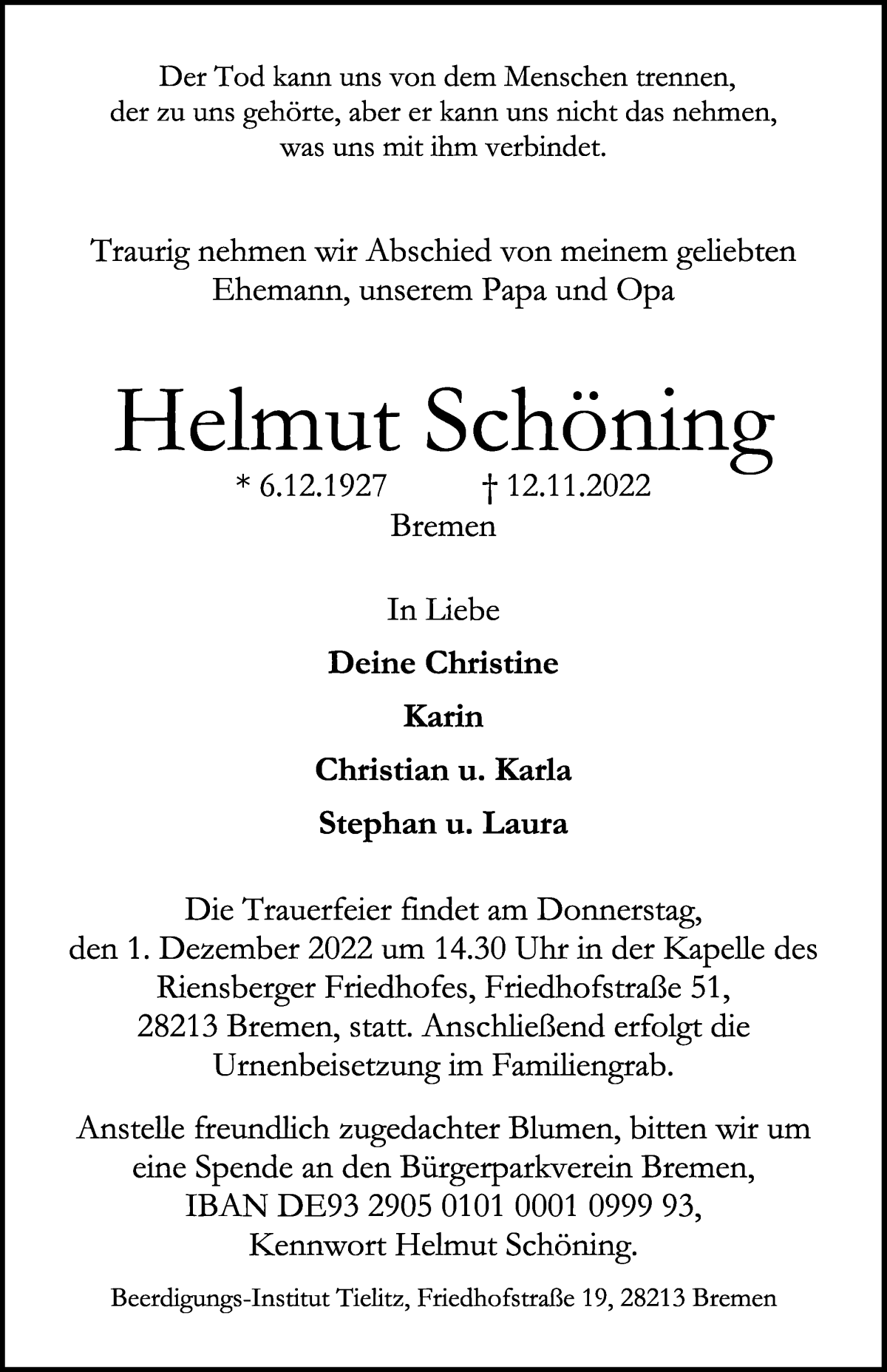 Traueranzeige von Helmut Schöning von WESER-KURIER